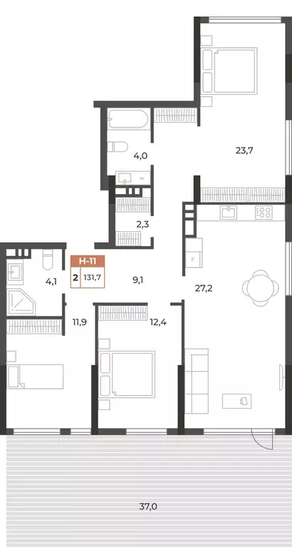 2-к квартира, 131.7 м - Фото 0