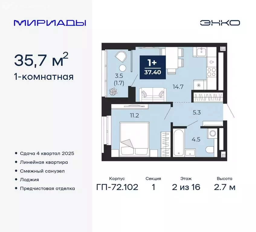 1-комнатная квартира: Тюмень, Ленинский округ (35.7 м) - Фото 0