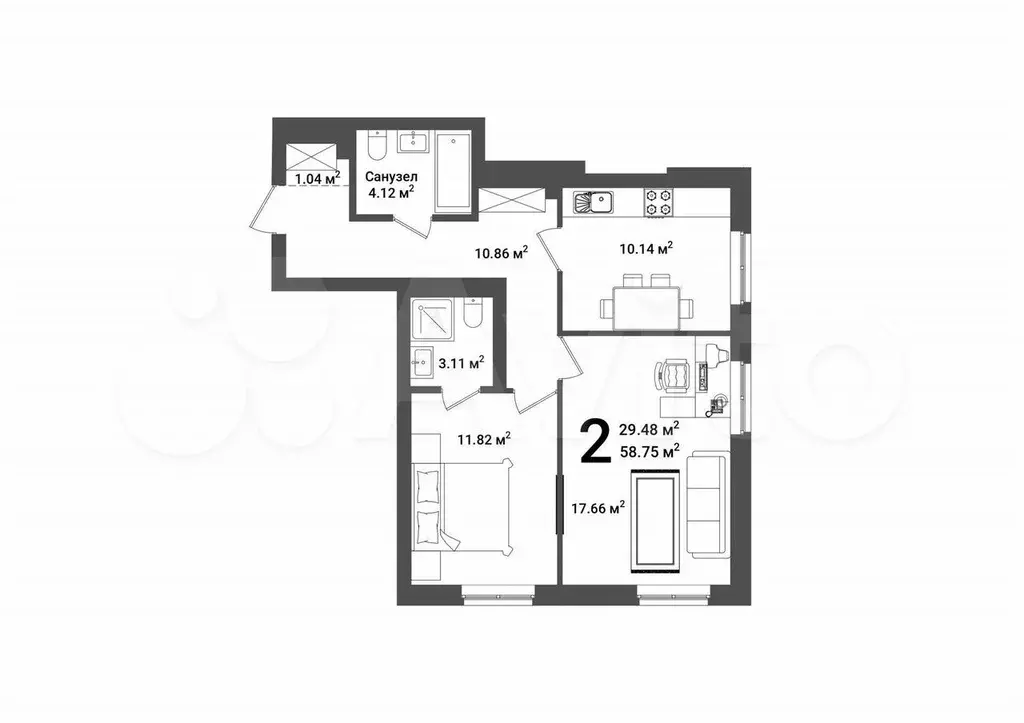 2-к. квартира, 59,1 м, 14/25 эт. - Фото 1
