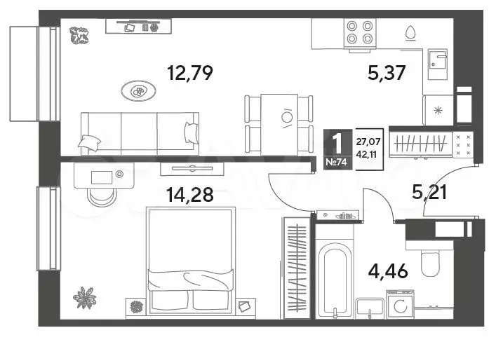 1-к. квартира, 42,1 м, 6/9 эт. - Фото 0