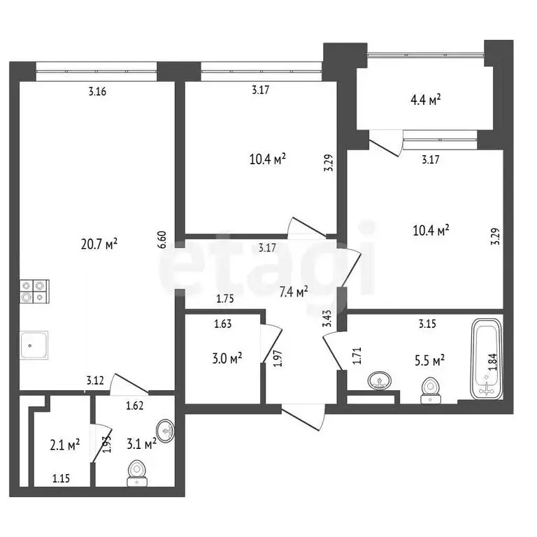 2-комнатная квартира: Тюмень, улица Муравленко, 9к1 (62.6 м) - Фото 1