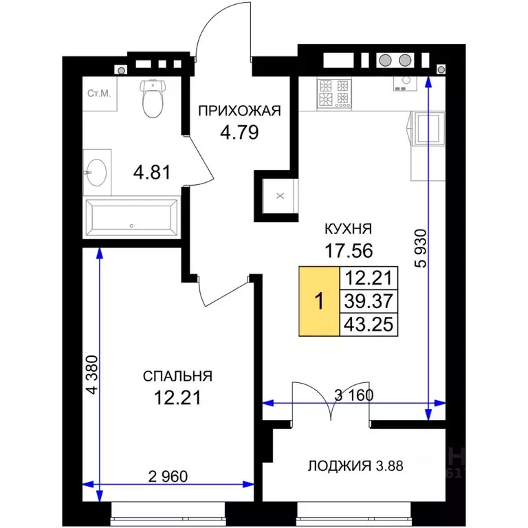 1-к кв. Калининградская область, Гурьевск Включи жилой комплекс (43.25 ... - Фото 0