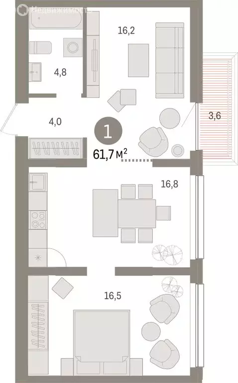 1-комнатная квартира: Тюмень, Мысовская улица, 26к1 (61.65 м) - Фото 1