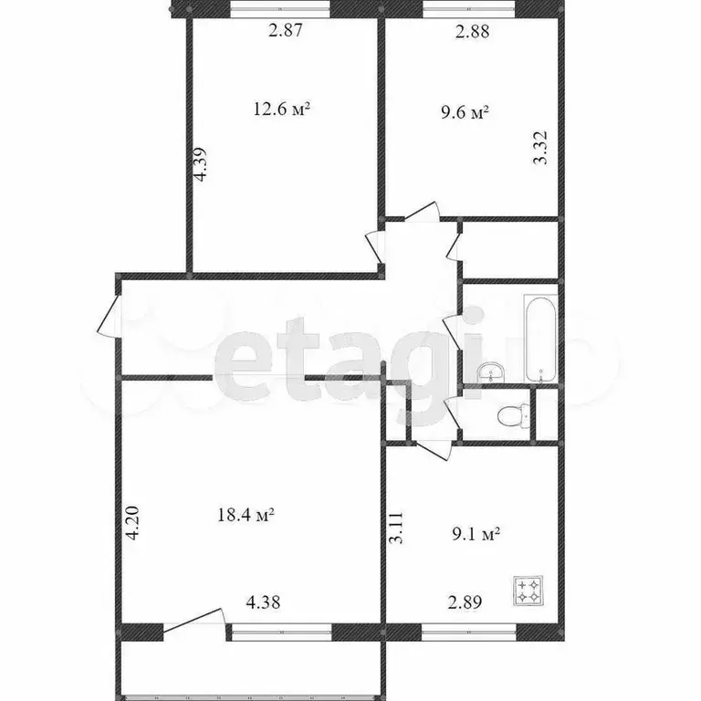 3-к. квартира, 66,2 м, 1/9 эт. - Фото 1