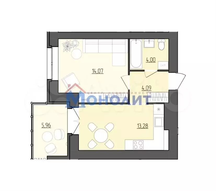 1-к. квартира, 38,4 м, 3/9 эт. - Фото 0