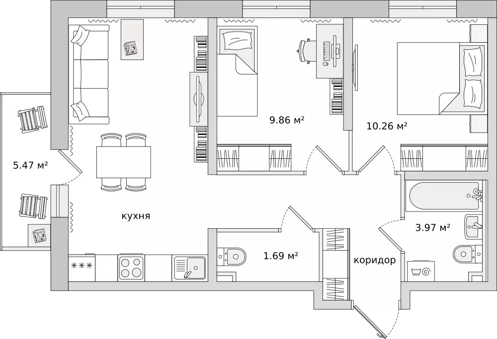 2-к квартира, 52.4 м - Фото 0
