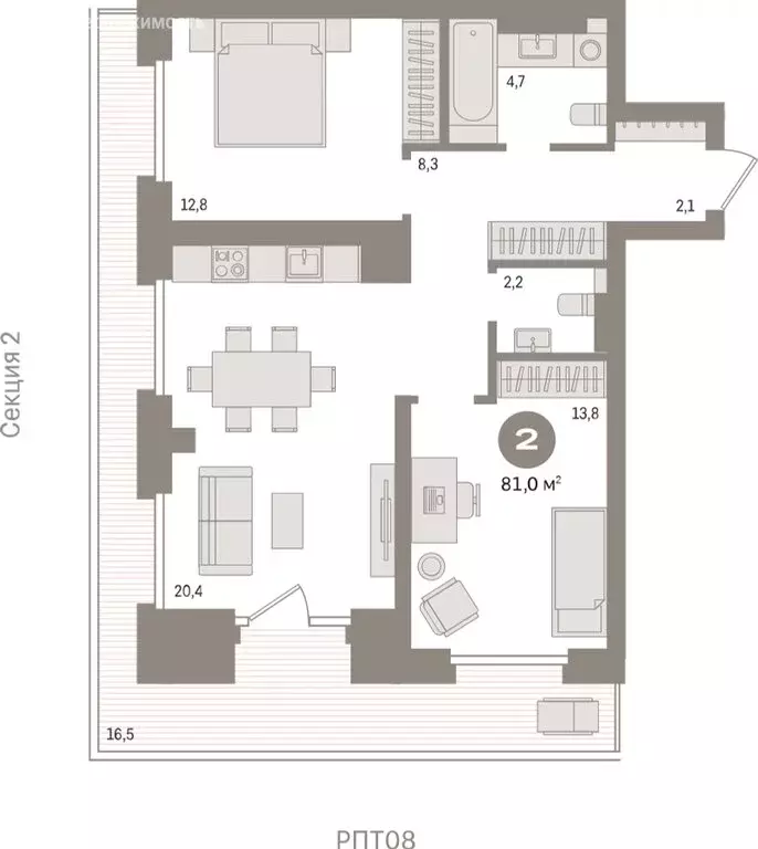 2-комнатная квартира: Тюмень, Причальная улица, 9 (81 м) - Фото 2