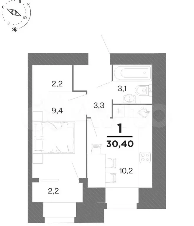 1-к. квартира, 30,4 м, 3/16 эт. - Фото 0