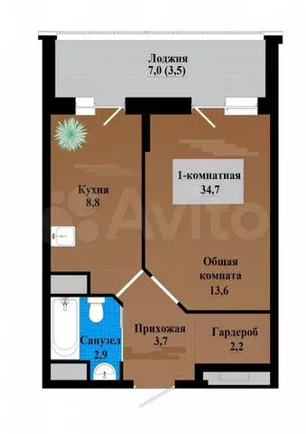 1-к. квартира, 34,7 м, 8/12 эт. - Фото 0