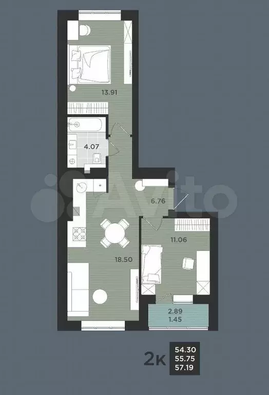2-к. квартира, 57,2 м, 4/9 эт. - Фото 1