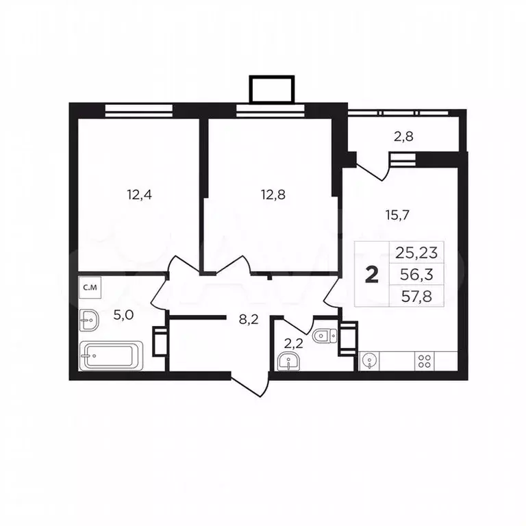 2-к. квартира, 59,1м, 5/9эт. - Фото 0