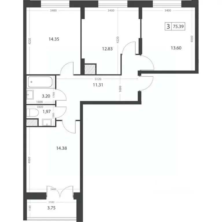 3-к кв. Тверская область, Тверь Южный мкр,  (75.39 м) - Фото 2