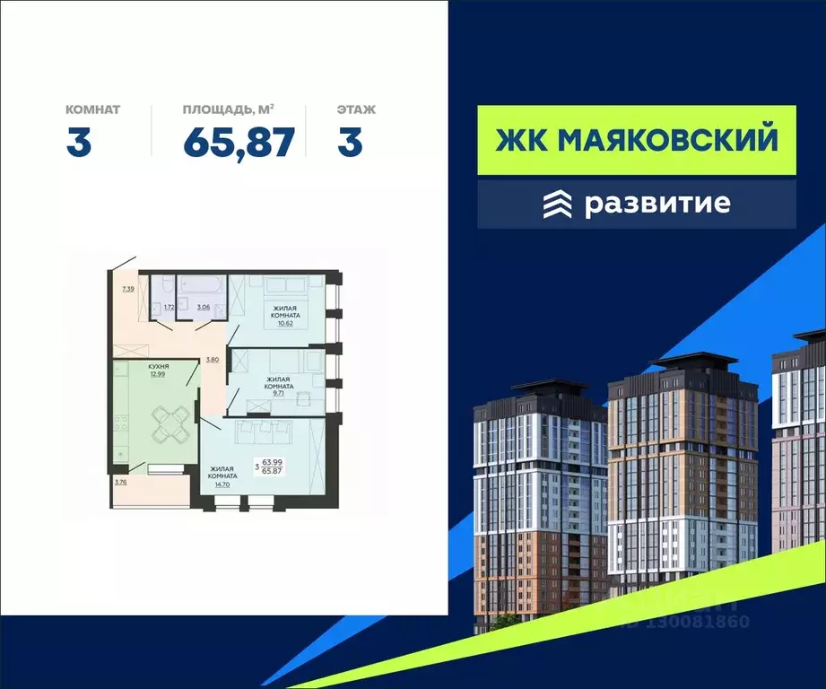 3-к кв. Воронежская область, Воронеж ул. Гаршина, 25к2 (65.87 м) - Фото 0