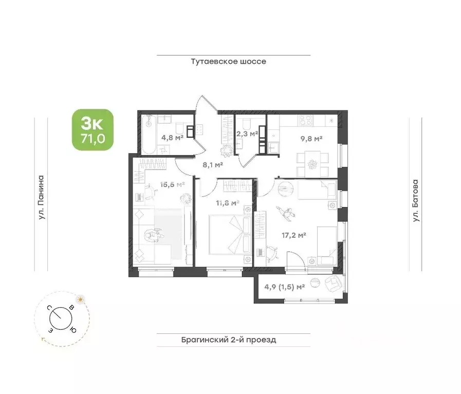 3-к кв. Ярославская область, Ярославль проезд 2-й Брагинский, 8 (71.0 ... - Фото 2