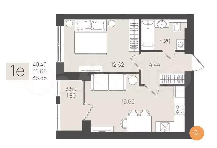 1-к. квартира, 38,7 м, 4/5 эт. - Фото 1