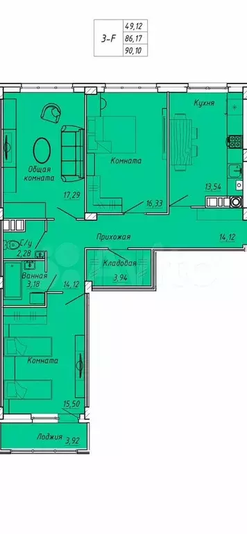 3-к. квартира, 90,1 м, 8/9 эт. - Фото 0