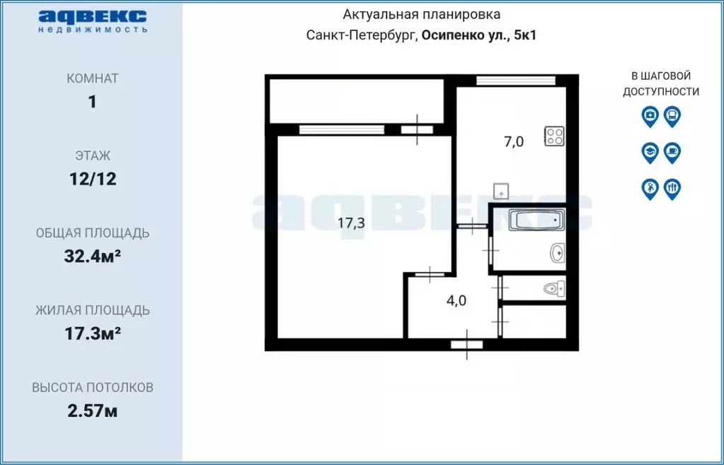 1-к кв. Санкт-Петербург ул. Осипенко, 5к1 (32.4 м) - Фото 2