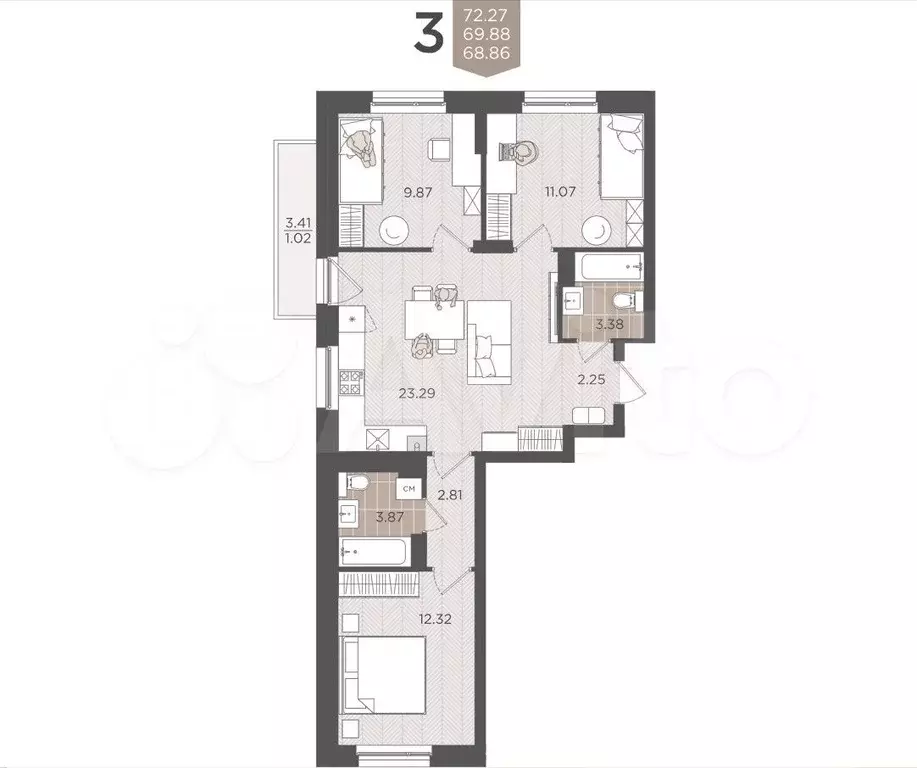 3-к. квартира, 69,9 м, 9/9 эт. - Фото 1