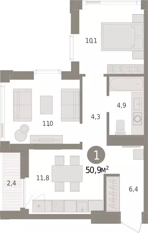 1-комнатная квартира: Тюмень, жилой комплекс Зарека (50.93 м) - Фото 1