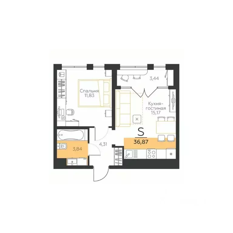 1-к кв. Тульская область, Тула Огни жилой комплекс (36.87 м) - Фото 1