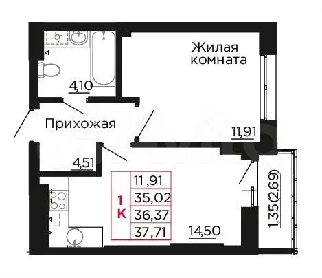 1-к. квартира, 36,4 м, 4/9 эт. - Фото 0