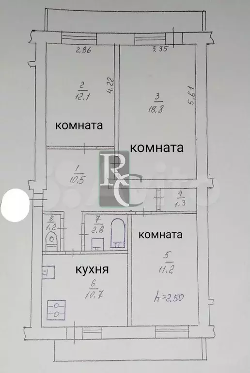 3-к. квартира, 72,3 м, 3/5 эт. - Фото 0