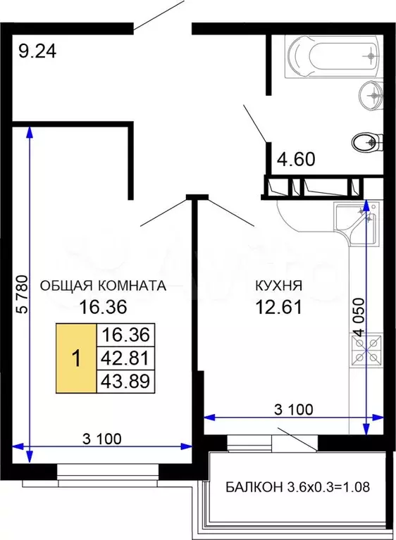 1-к. квартира, 45,4 м, 15/15 эт. - Фото 0