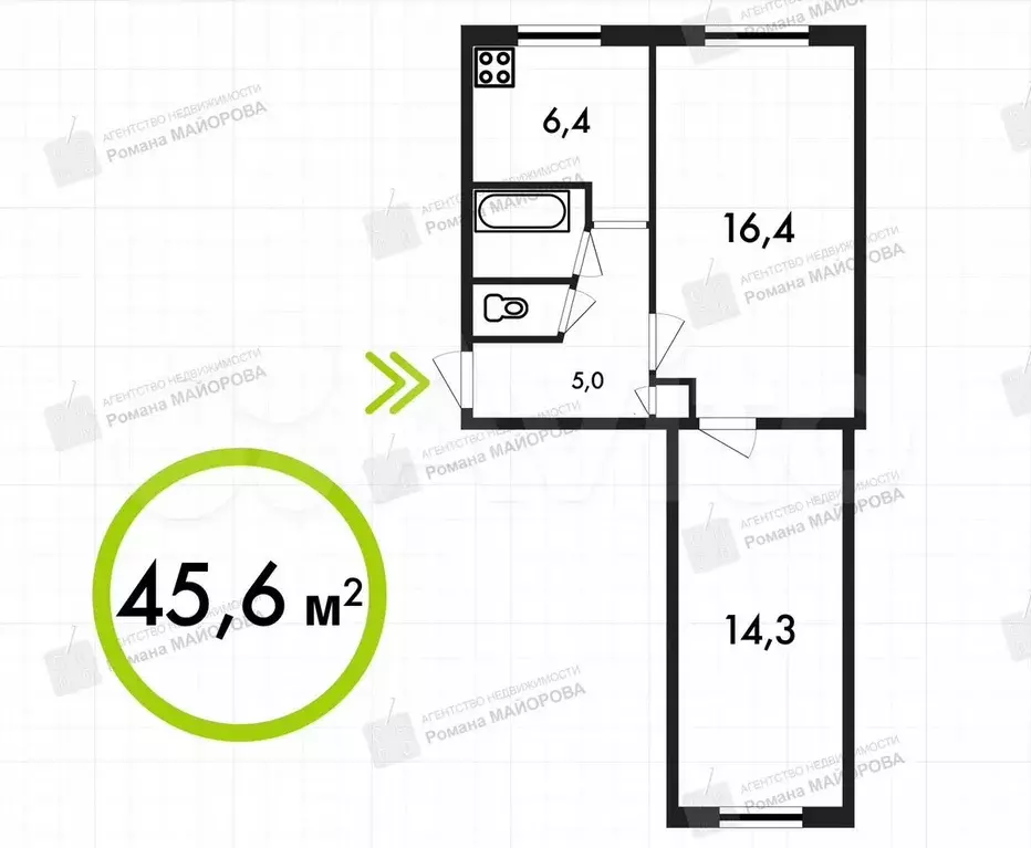 2-к. квартира, 45,6 м, 1/5 эт. - Фото 0