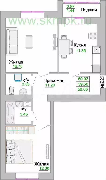 2-к. квартира, 59,5 м, 1/9 эт. - Фото 1
