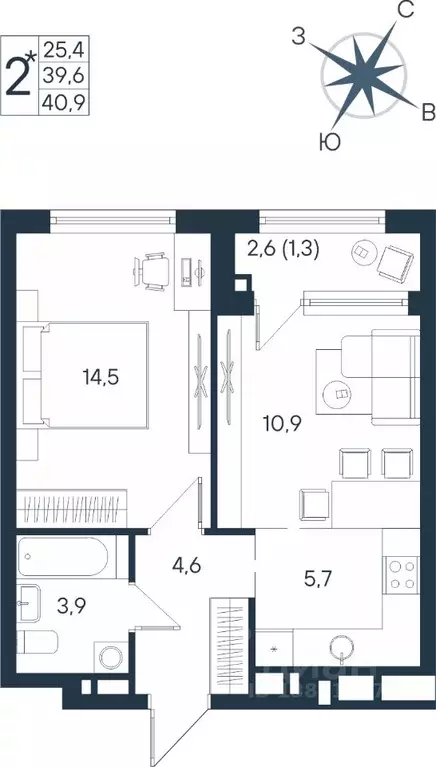 Студия Пермский край, Пермь ул. Космонавта Беляева, 17 (40.9 м) - Фото 1