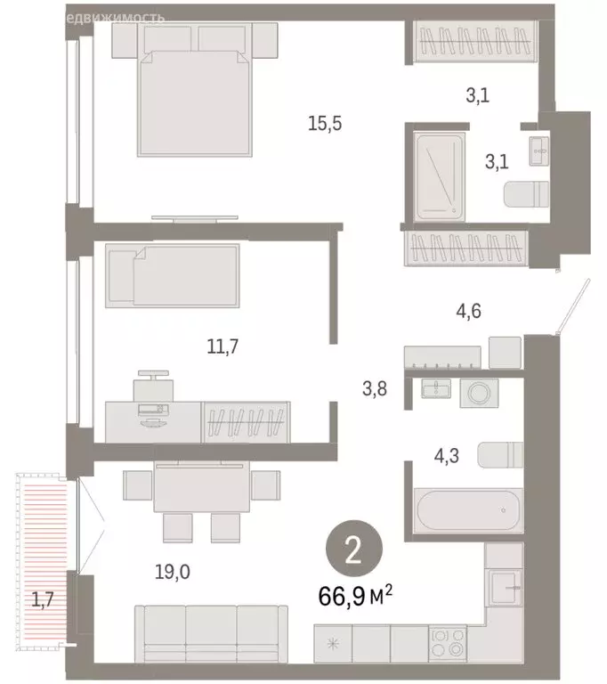 2-комнатная квартира: Новосибирск, Большевистская улица, 66 (66.87 м) - Фото 1