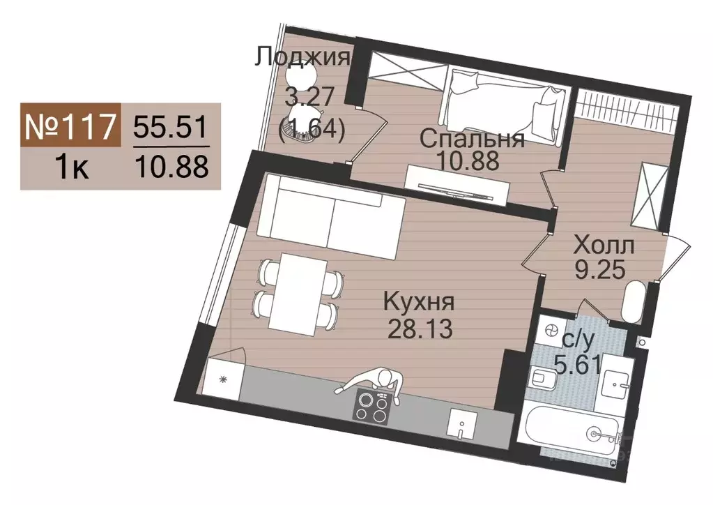 1-к кв. Калининградская область, Гурьевск  (55.51 м) - Фото 1