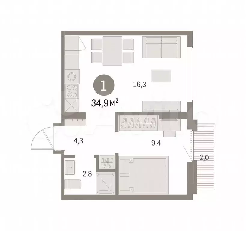 1-к. квартира, 34,9 м, 6/9 эт. - Фото 0