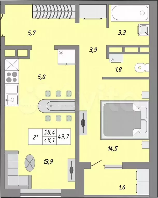 2-к. квартира, 50 м, 20/24 эт. - Фото 0
