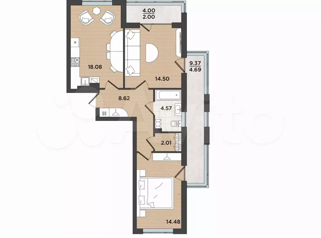 2-к. квартира, 69 м, 1/8 эт. - Фото 1