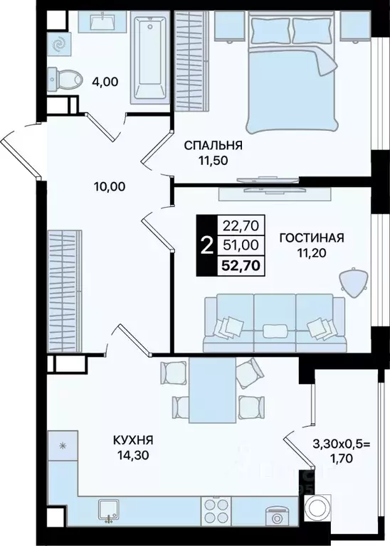 2-к кв. Ростовская область, Ростов-на-Дону просп. Шолохова (52.7 м) - Фото 0