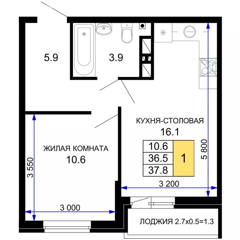 1-комнатная квартира: Краснодар, жилой комплекс Дыхание (37.8 м) - Фото 0