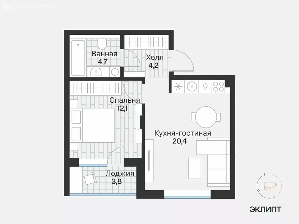 1-комнатная квартира: Тюмень, улица Игоря Комиссарова, 19 (43.19 м) - Фото 1