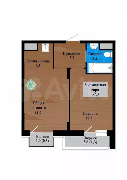 2-к. квартира, 37,3 м, 6/12 эт. - Фото 0