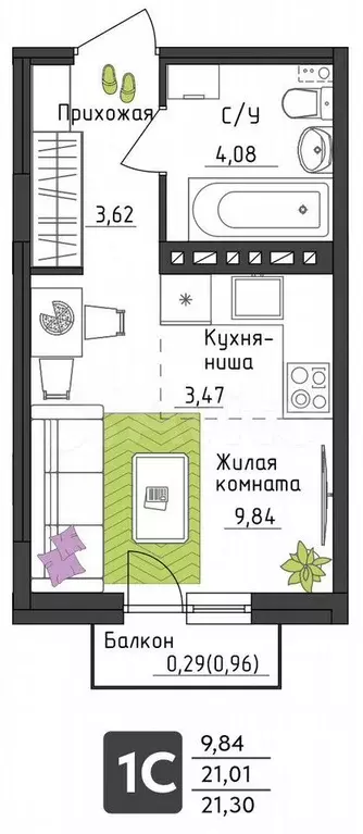 Квартира-студия, 21,3 м, 2/4 эт. - Фото 0