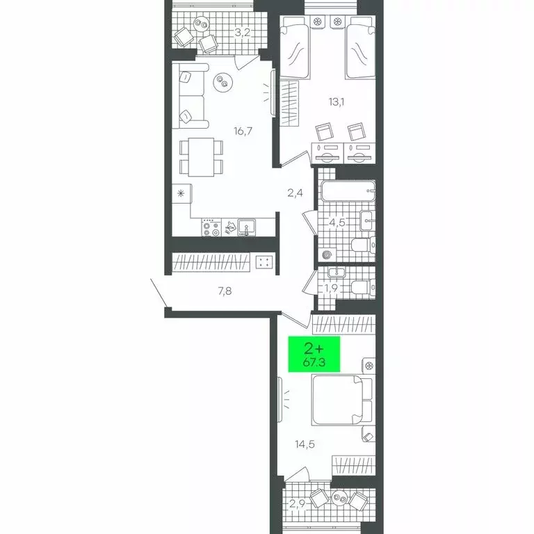 2-комнатная квартира: Тюмень, улица Василия Малкова, 3 (67.36 м) - Фото 1