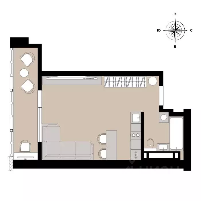 Студия Приморский край, Владивосток Енисейская ул. (30.68 м) - Фото 2