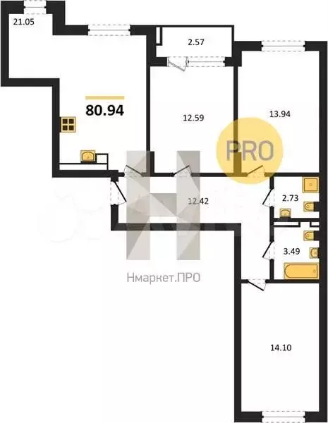 3-к. квартира, 80,9 м, 3/9 эт. - Фото 1