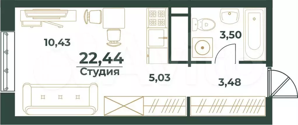 Своб. планировка, 22,4 м, 3/24 эт. - Фото 0