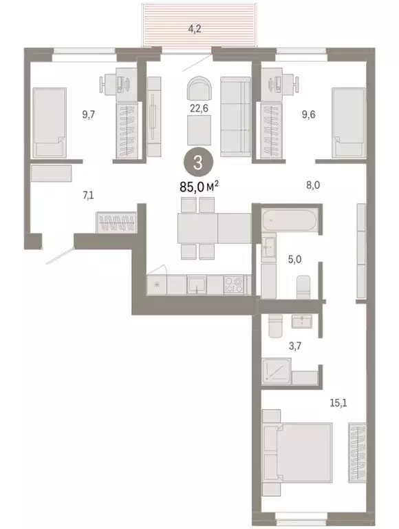 3-комнатная квартира: Омск, Кировский округ (84.97 м) - Фото 1