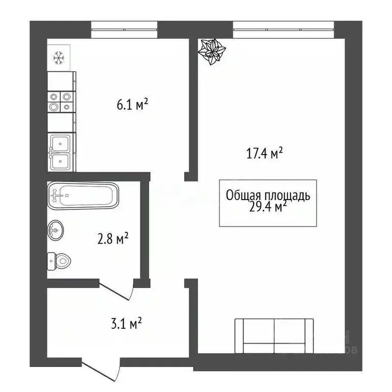 1-к кв. Новосибирская область, Новосибирск Широкая ул., 21 (29.9 м) - Фото 1