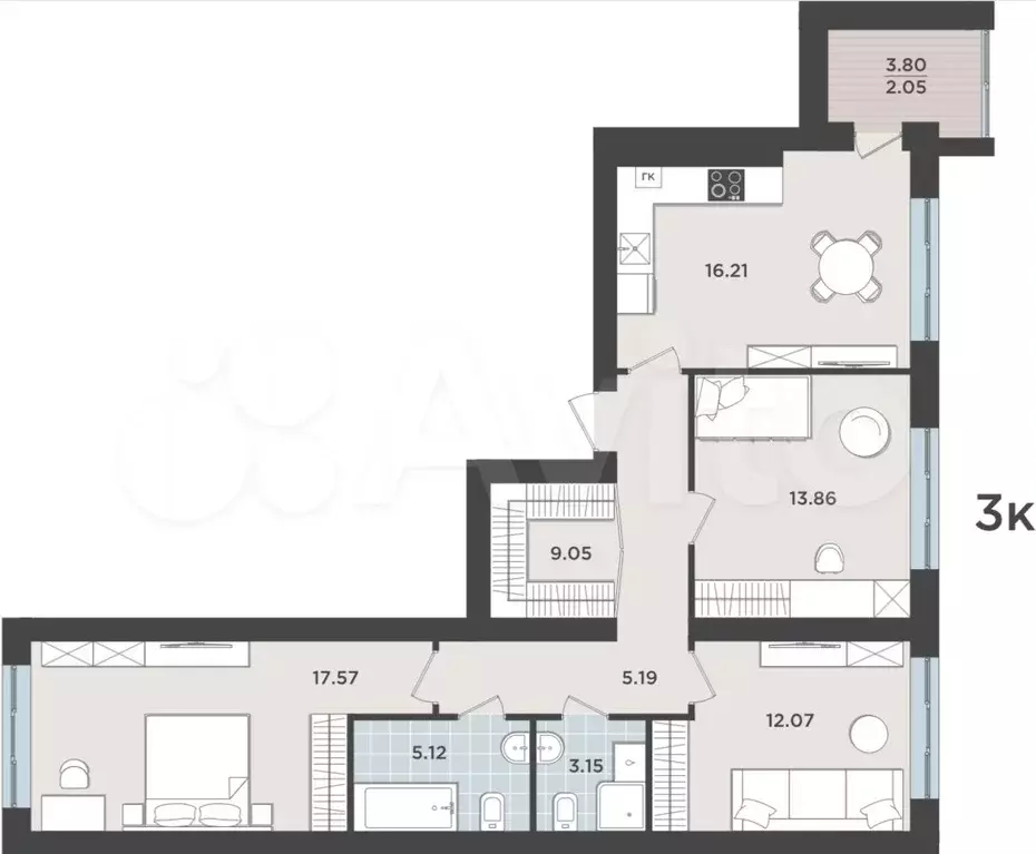 3-к. квартира, 84,4 м, 2/9 эт. - Фото 1