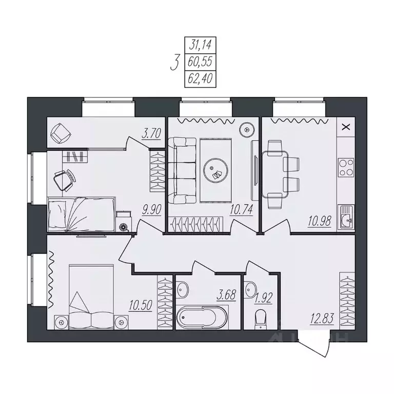 3-к кв. Волгоградская область, Волгоград ул. Атласова, 12 (62.4 м) - Фото 0