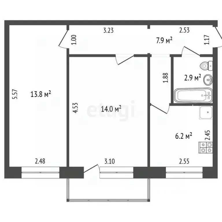 2-к кв. Томская область, Северск ул. Крупской, 21 (44.8 м) - Фото 2