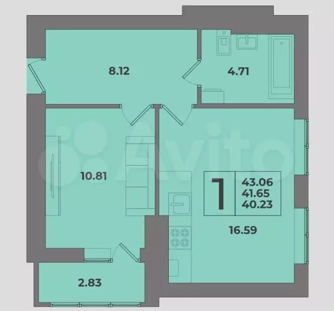 1-к. квартира, 43,1 м, 2/8 эт. - Фото 1